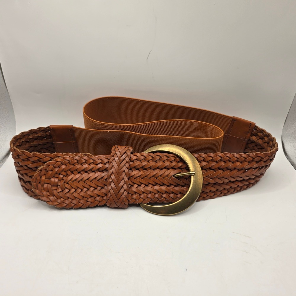 Anthropologie Cognac Braided Leather Elastic Back Belt Brown 2X Brass Buckle